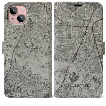 【元住吉（神奈川県）】地図柄iPhoneケース（手帳タイプ）モノトーン・iPhone 15 Plus 用