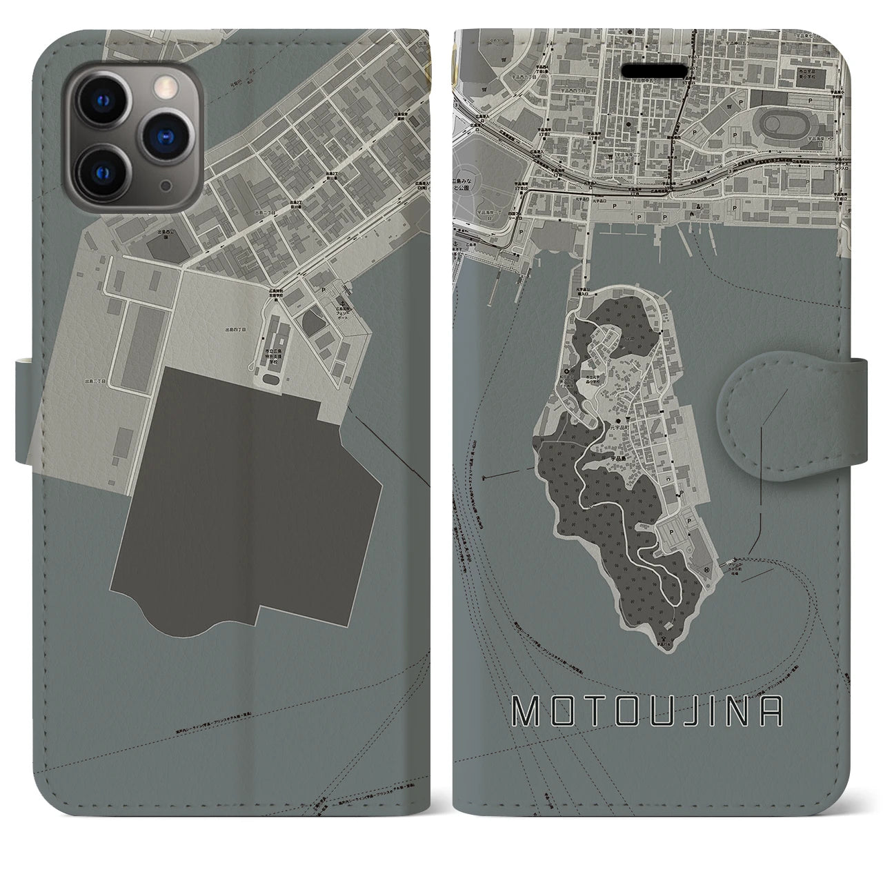 【元宇品】地図柄iPhoneケース（手帳両面タイプ・モノトーン）iPhone 11 Pro Max 用