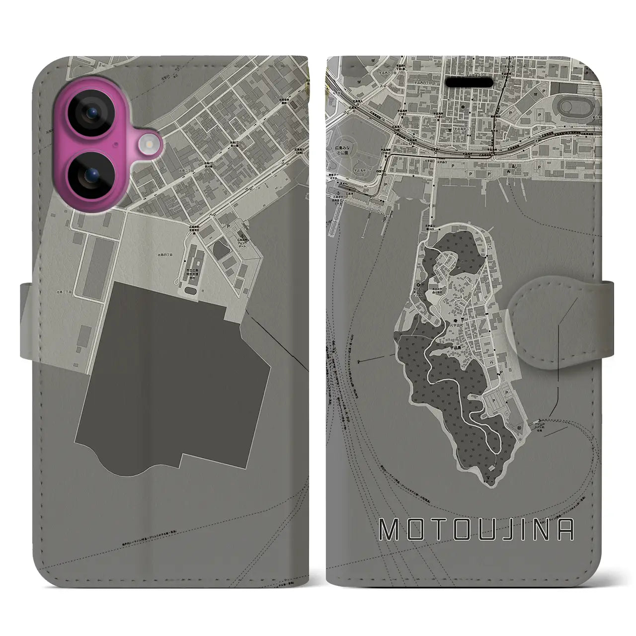 【元宇品（広島県）】地図柄iPhoneケース（手帳タイプ）モノトーン・iPhone 16 Pro 用