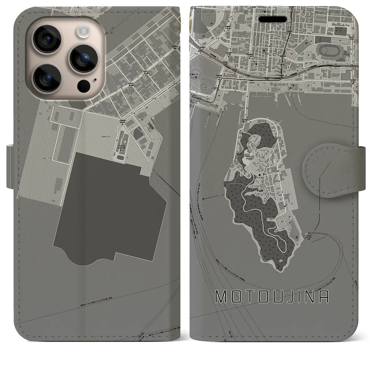 【元宇品（広島県）】地図柄iPhoneケース（手帳タイプ）モノトーン・iPhone 16 Plus 用