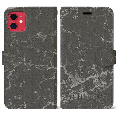 【本山（高知県）】地図柄iPhoneケース（手帳タイプ）モノトーン・iPhone 11 用