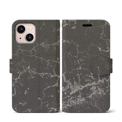 【本山（高知県）】地図柄iPhoneケース（手帳タイプ）モノトーン・iPhone 13 mini 用