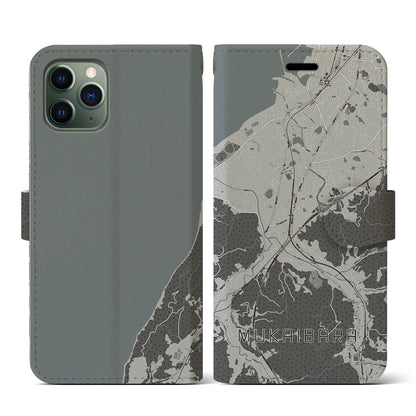 【向井原（愛媛県）】地図柄iPhoneケース（手帳タイプ）モノトーン・iPhone 11 Pro 用