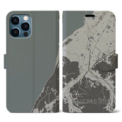 【向井原（愛媛県）】地図柄iPhoneケース（手帳タイプ）モノトーン・iPhone 12 / 12 Pro 用