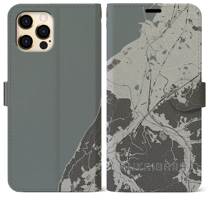 【向井原（愛媛県）】地図柄iPhoneケース（手帳タイプ）モノトーン・iPhone 12 Pro Max 用