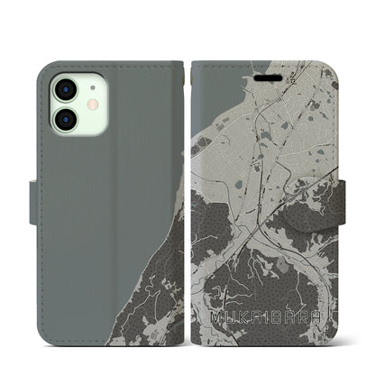 【向井原（愛媛県）】地図柄iPhoneケース（手帳タイプ）モノトーン・iPhone 12 mini 用