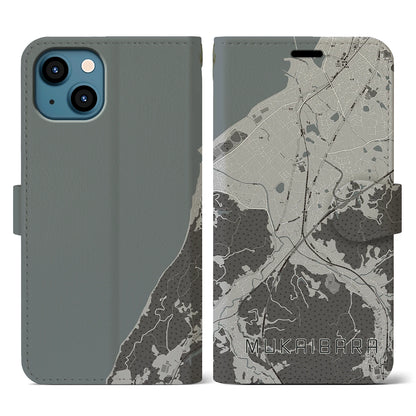 【向井原（愛媛県）】地図柄iPhoneケース（手帳タイプ）モノトーン・iPhone 13 用