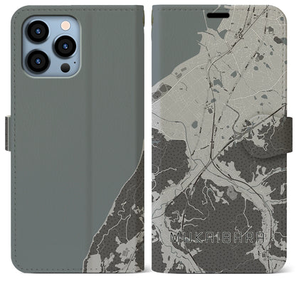 【向井原（愛媛県）】地図柄iPhoneケース（手帳タイプ）モノトーン・iPhone 13 Pro Max 用