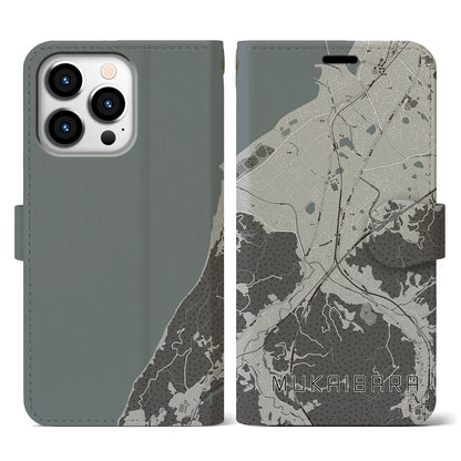 【向井原（愛媛県）】地図柄iPhoneケース（手帳タイプ）モノトーン・iPhone 13 Pro 用