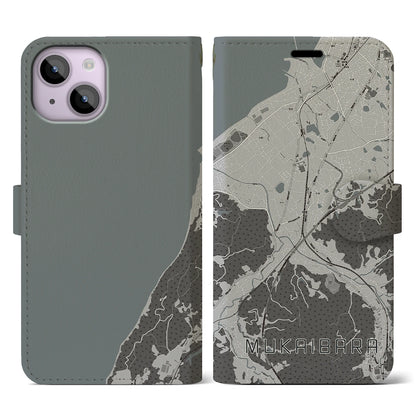 【向井原（愛媛県）】地図柄iPhoneケース（手帳タイプ）モノトーン・iPhone 14 用