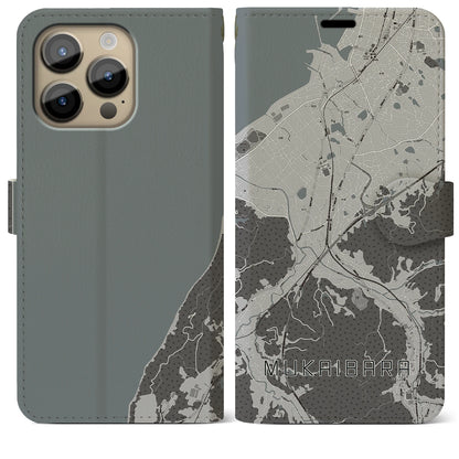 【向井原（愛媛県）】地図柄iPhoneケース（手帳タイプ）モノトーン・iPhone 14 Pro Max 用