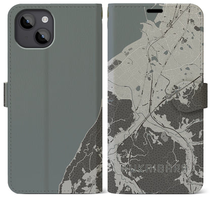 【向井原（愛媛県）】地図柄iPhoneケース（手帳タイプ）モノトーン・iPhone 14 Plus 用