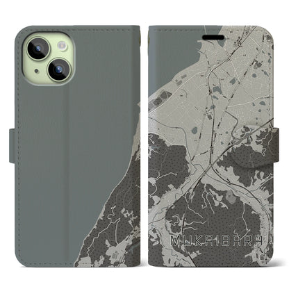 【向井原（愛媛県）】地図柄iPhoneケース（手帳タイプ）モノトーン・iPhone 15 用