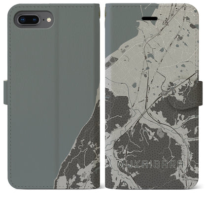 【向井原（愛媛県）】地図柄iPhoneケース（手帳タイプ）モノトーン・iPhone 8Plus /7Plus / 6sPlus / 6Plus 用