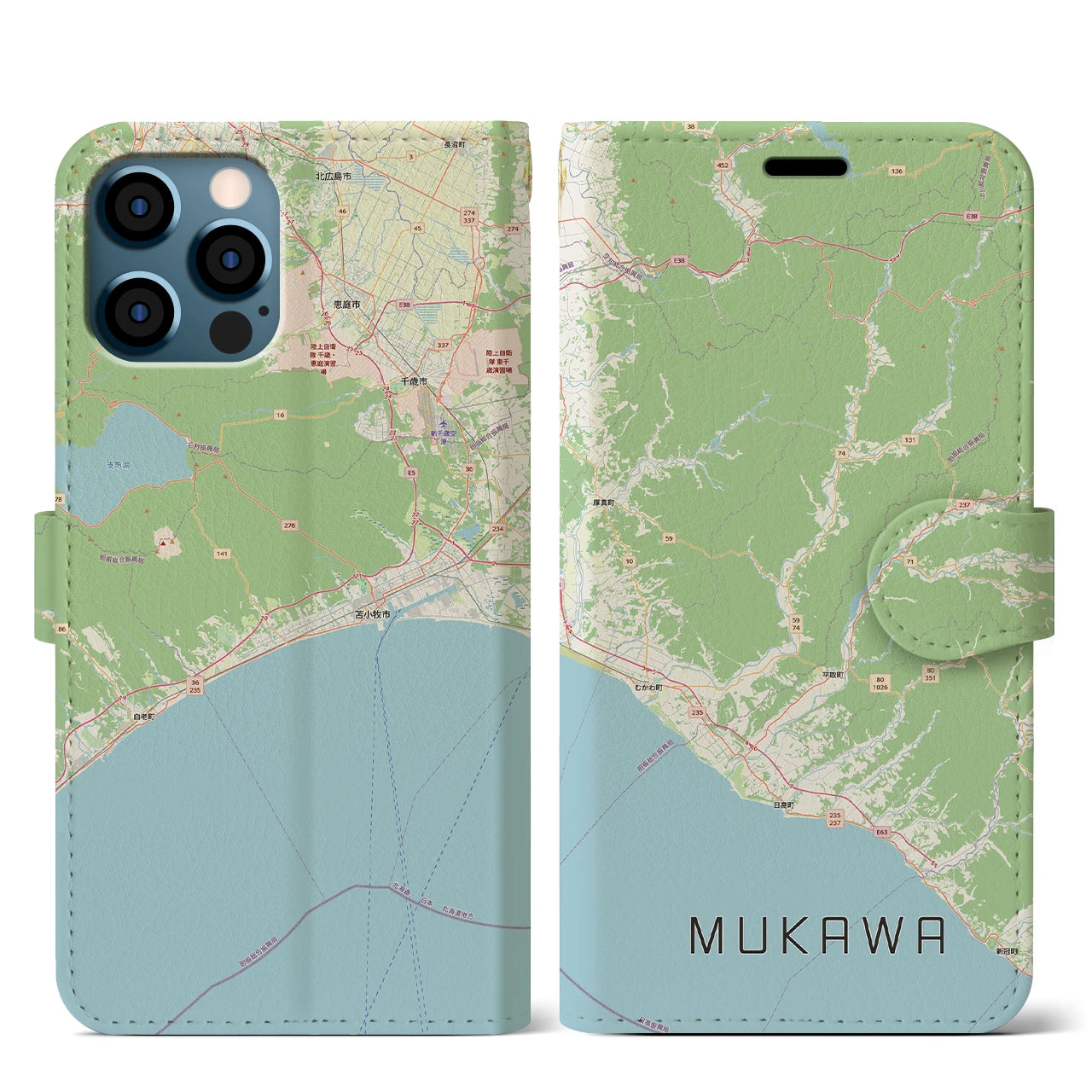 【むかわ（北海道）】地図柄iPhoneケース（手帳タイプ）