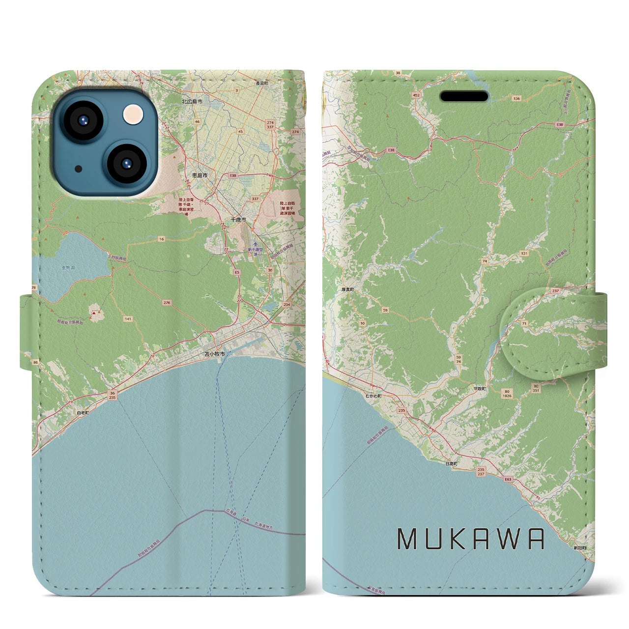 【むかわ（北海道）】地図柄iPhoneケース（手帳タイプ）