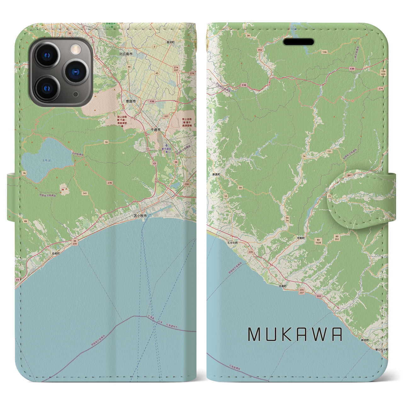 【むかわ（北海道）】地図柄iPhoneケース（手帳タイプ）