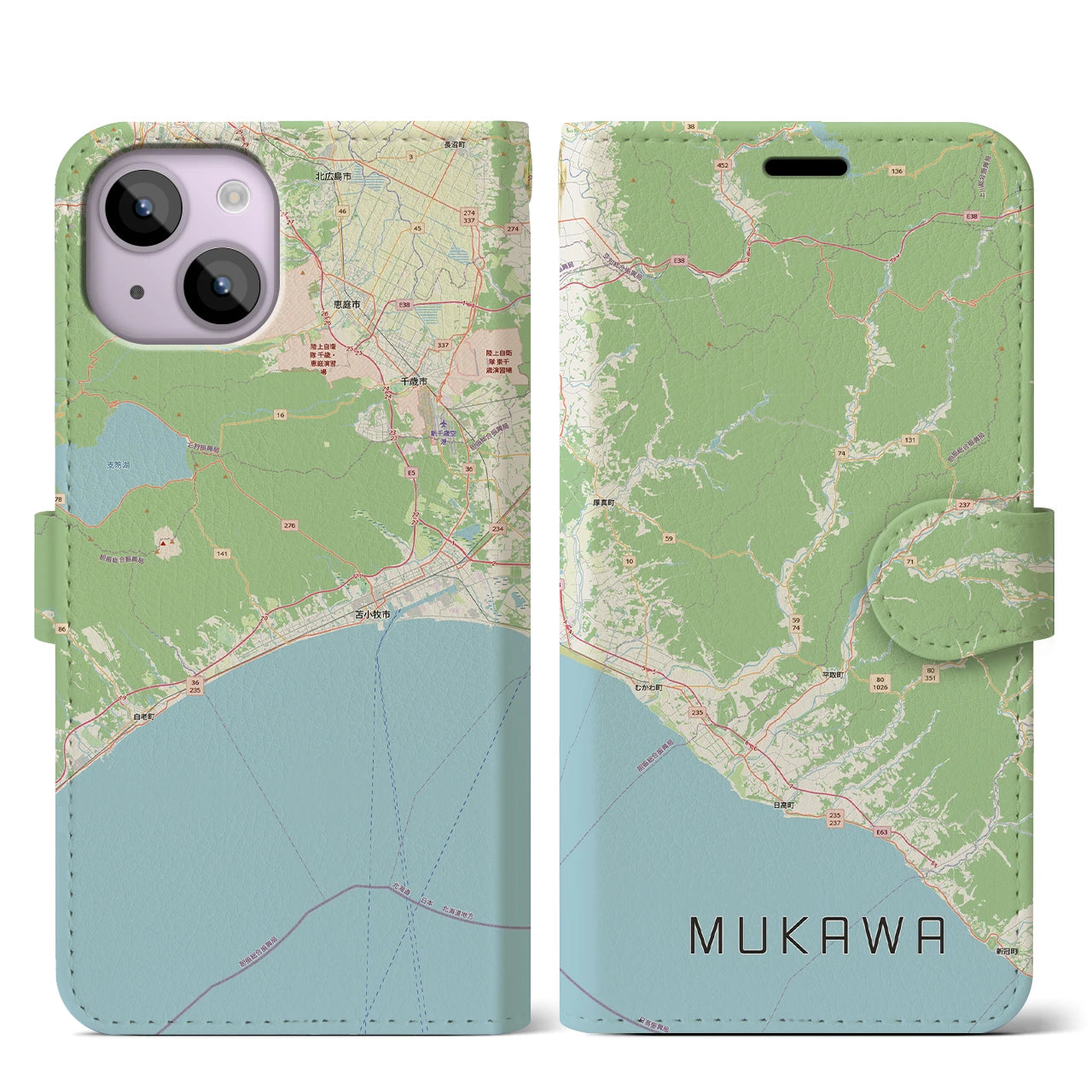 【むかわ（北海道）】地図柄iPhoneケース（手帳タイプ）