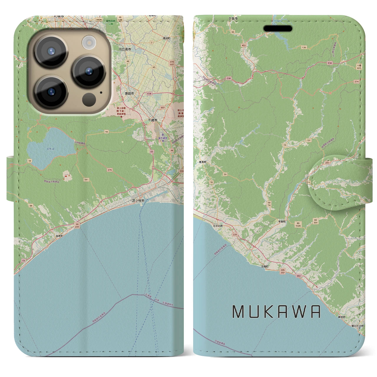 【むかわ（北海道）】地図柄iPhoneケース（手帳タイプ）