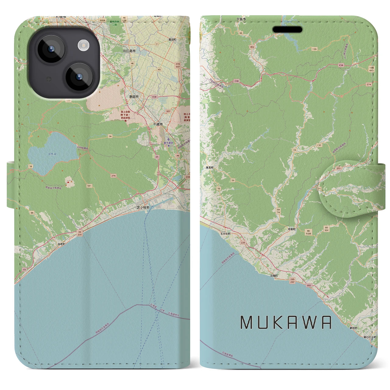 【むかわ（北海道）】地図柄iPhoneケース（手帳タイプ）