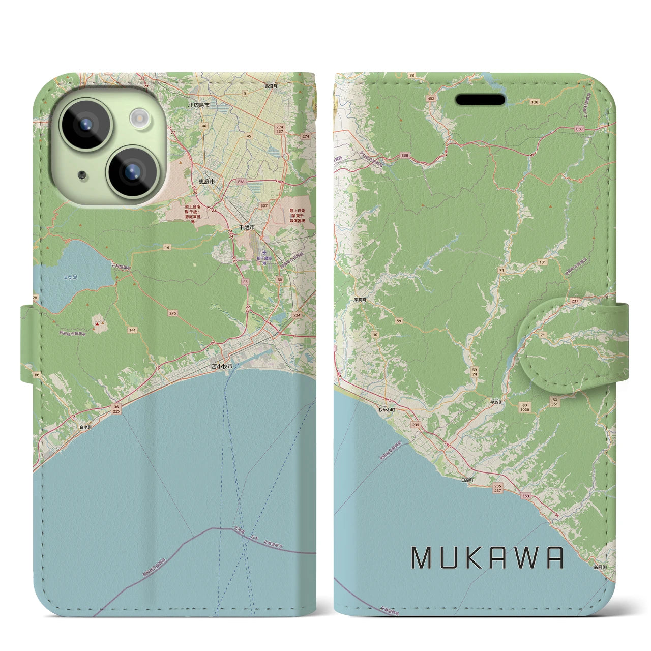 【むかわ（北海道）】地図柄iPhoneケース（手帳タイプ）