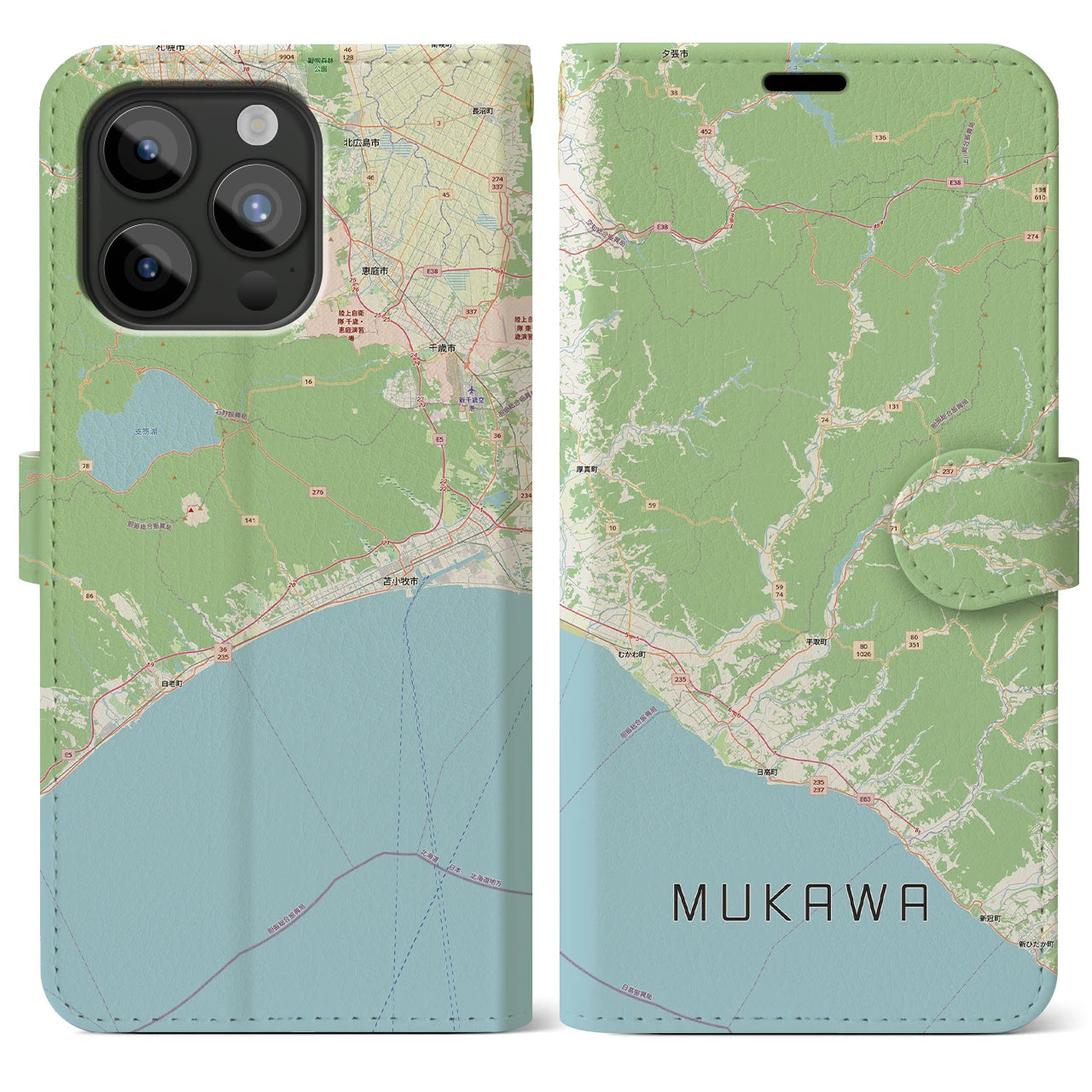 【むかわ（北海道）】地図柄iPhoneケース（手帳タイプ）