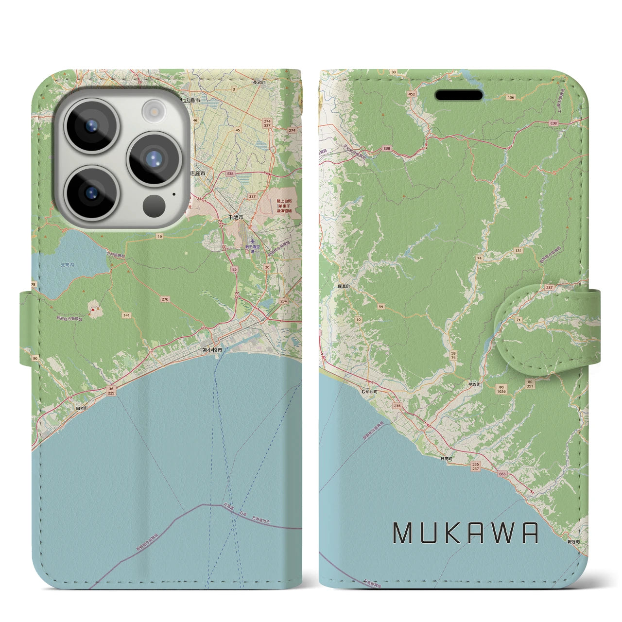 【むかわ（北海道）】地図柄iPhoneケース（手帳タイプ）