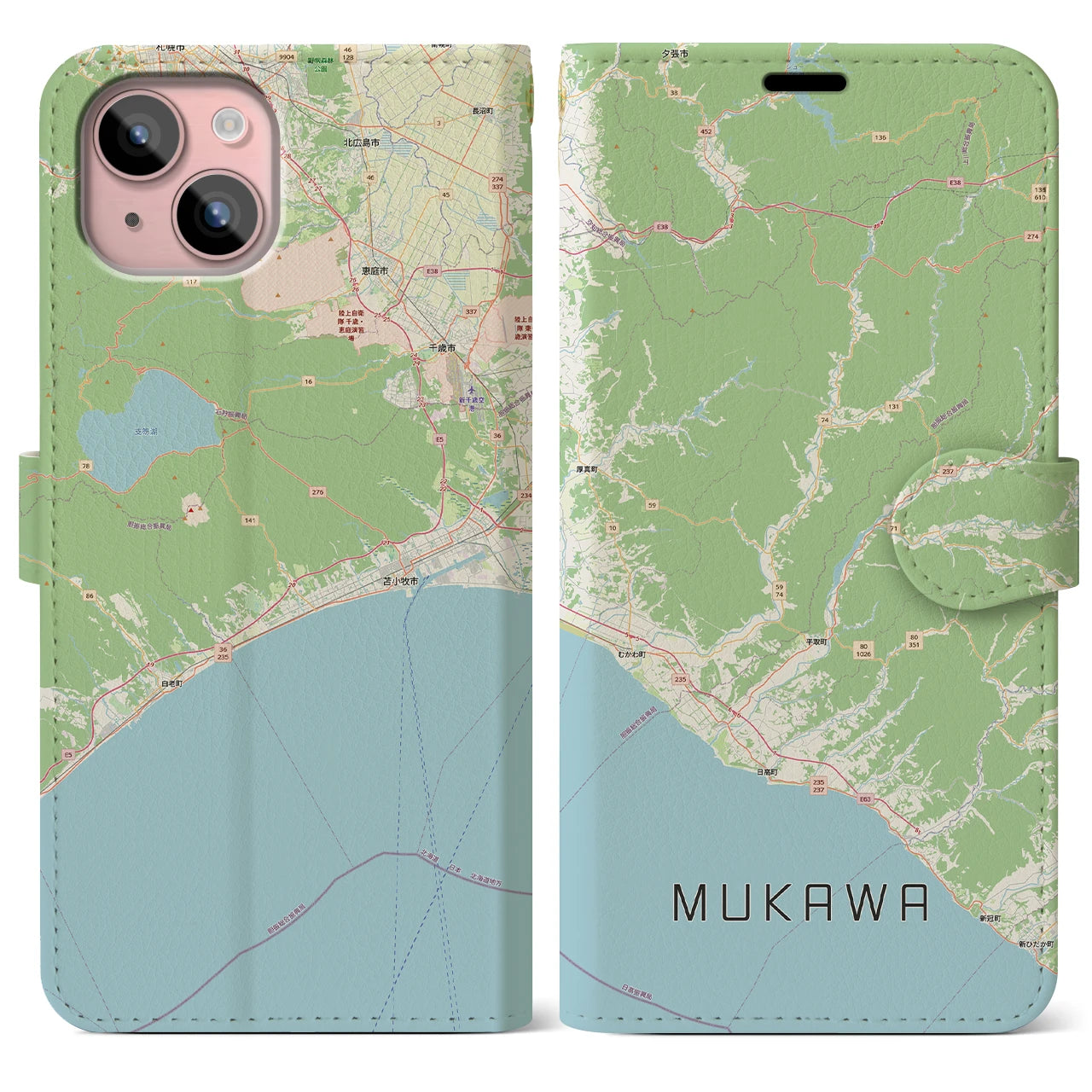 【むかわ（北海道）】地図柄iPhoneケース（手帳タイプ）