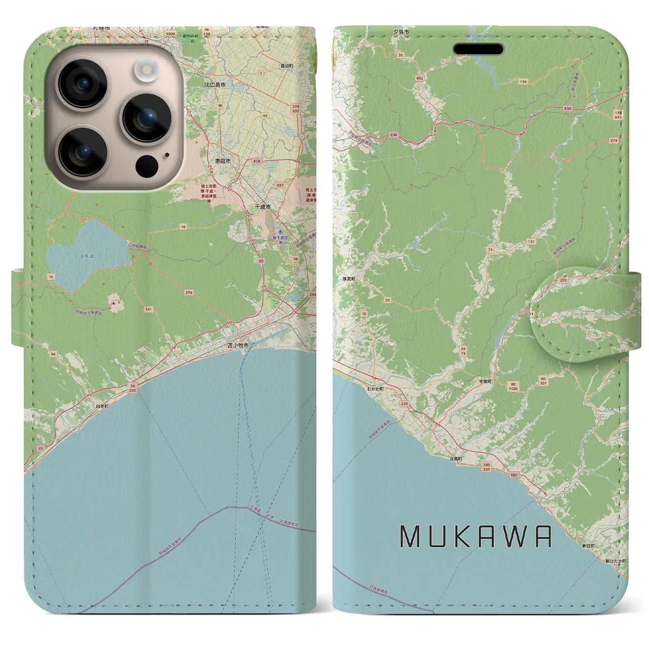 【むかわ（北海道）】地図柄iPhoneケース（手帳タイプ）