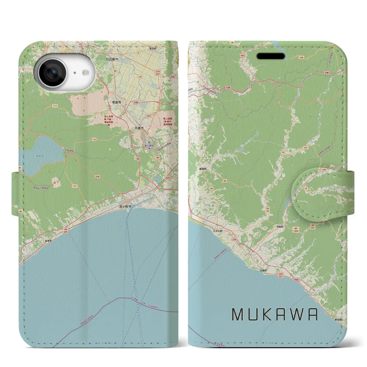 【むかわ（北海道）】地図柄iPhoneケース（手帳タイプ）