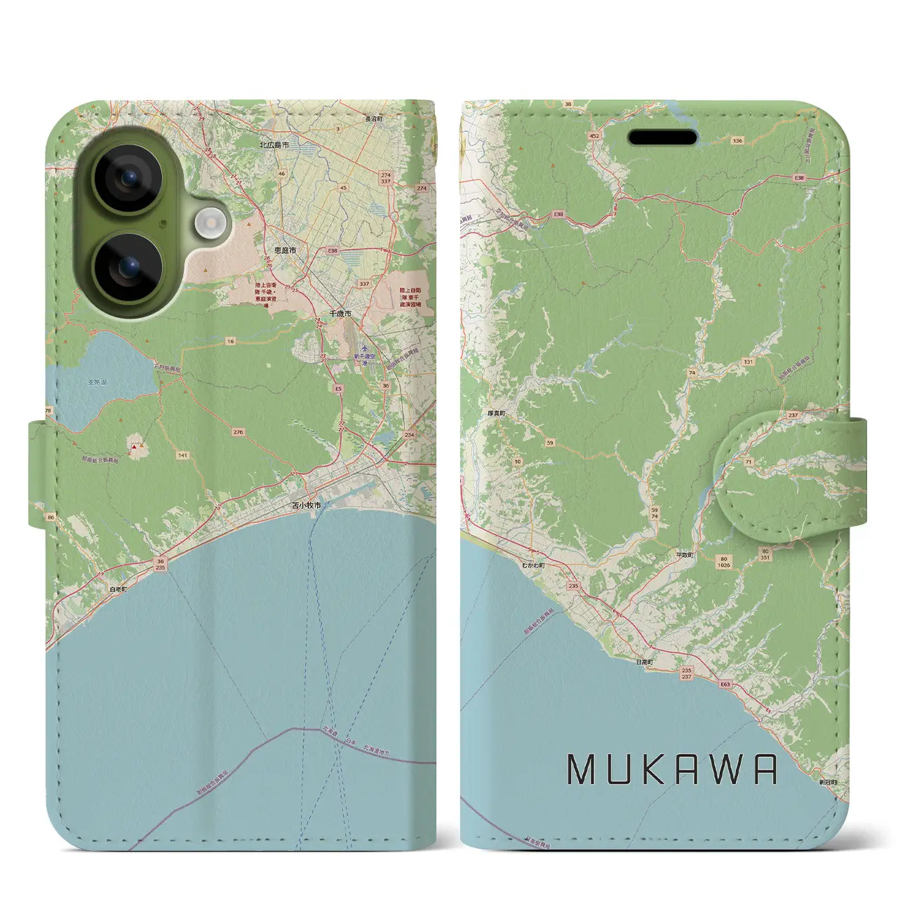 【むかわ（北海道）】地図柄iPhoneケース（手帳タイプ）ナチュラル・iPhone 17 Pro Max 用