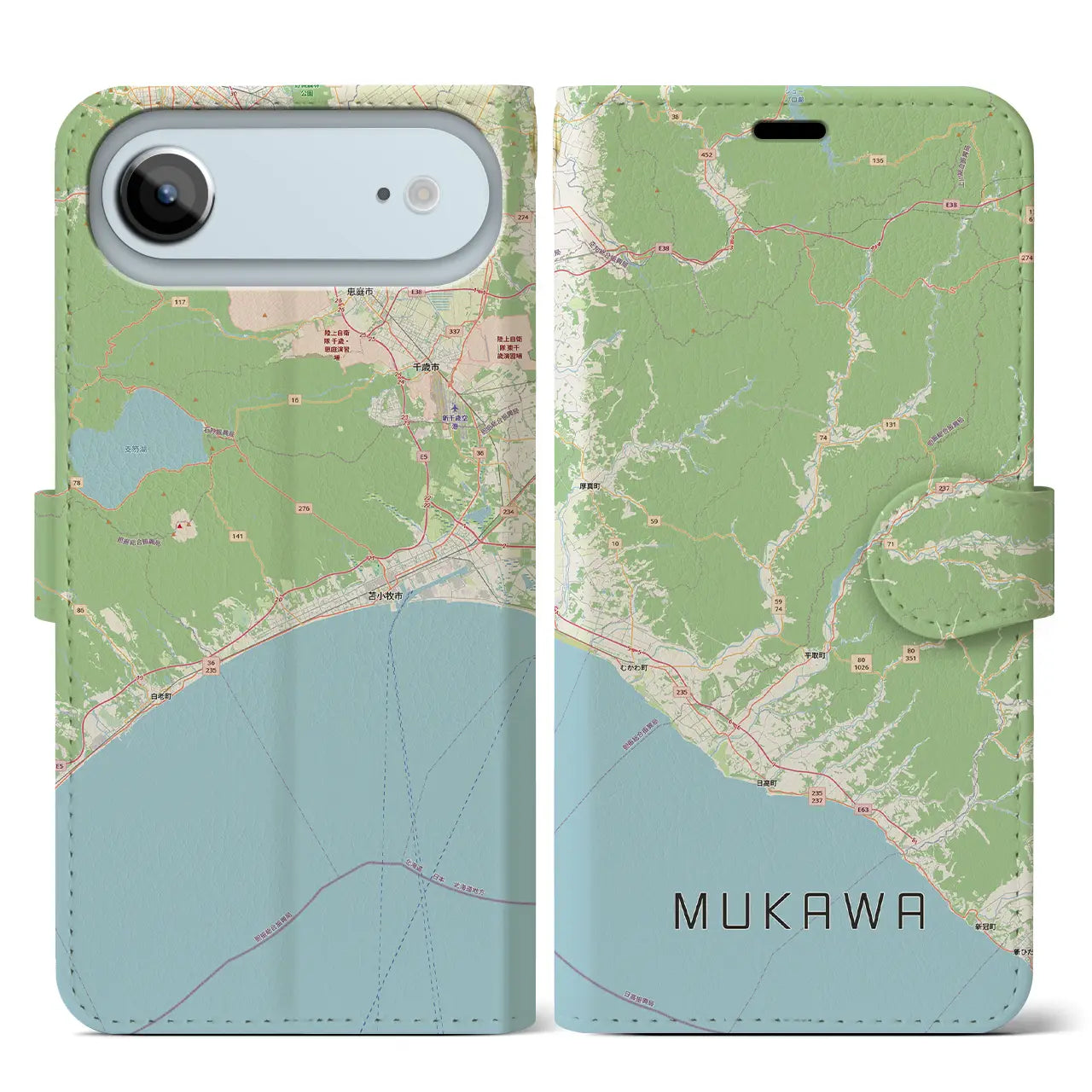 【むかわ（北海道）】地図柄iPhoneケース（手帳タイプ）