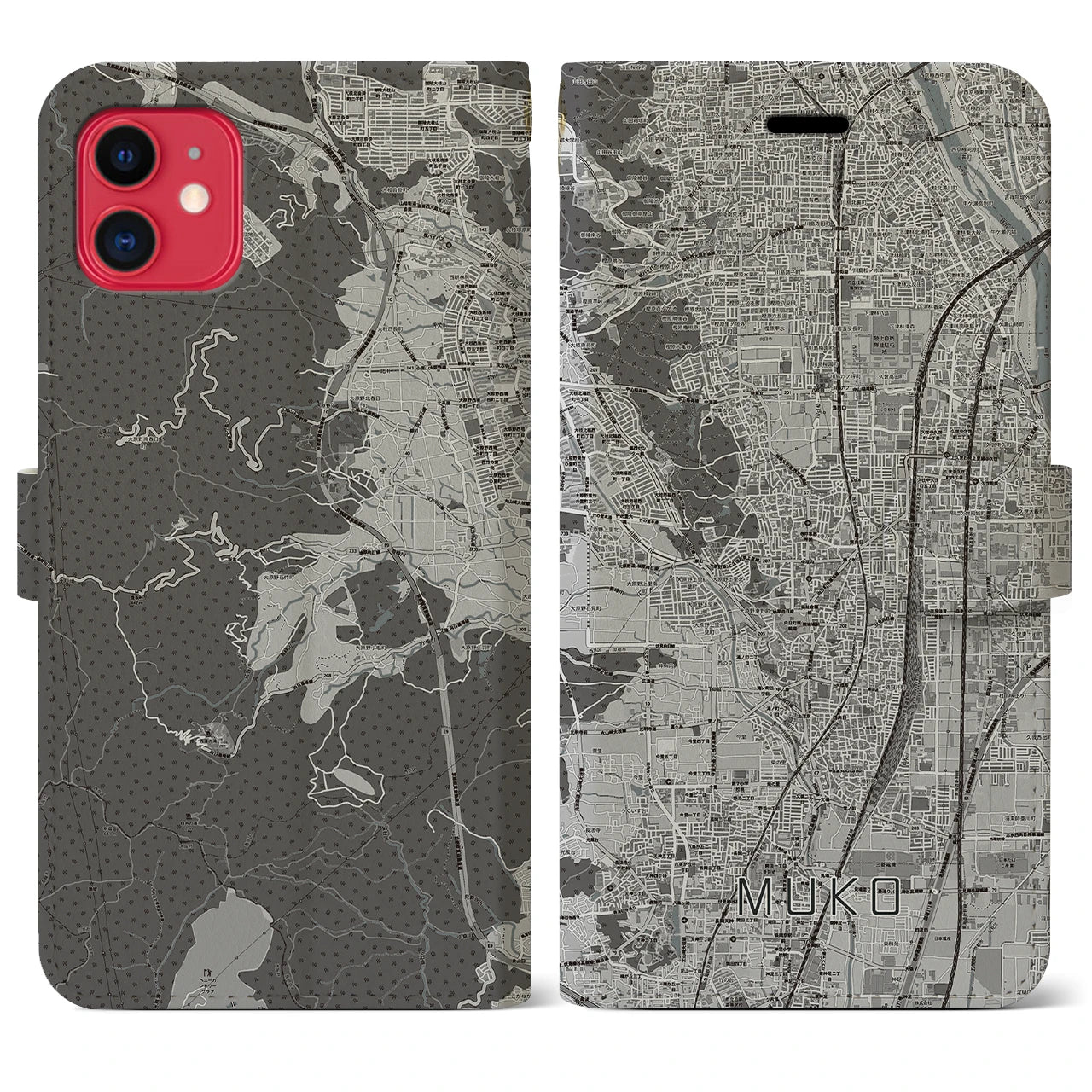 【向日】地図柄iPhoneケース（手帳両面タイプ・モノトーン）iPhone 11 用
