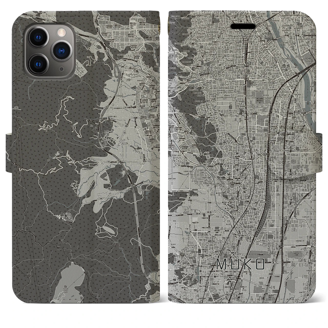 【向日】地図柄iPhoneケース（手帳両面タイプ・モノトーン）iPhone 11 Pro Max 用