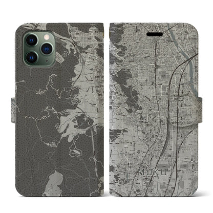 【向日（京都府）】地図柄iPhoneケース（手帳タイプ）モノトーン・iPhone 11 Pro 用