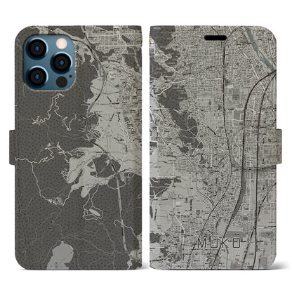 【向日（京都府）】地図柄iPhoneケース（手帳タイプ）モノトーン・iPhone 12 / 12 Pro 用
