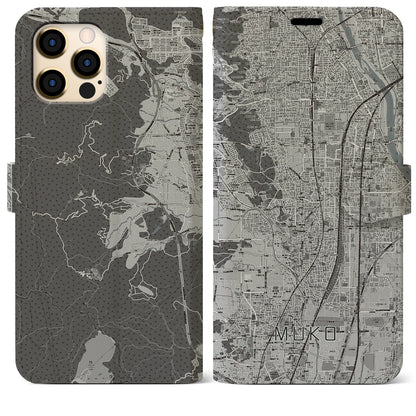 【向日（京都府）】地図柄iPhoneケース（手帳タイプ）モノトーン・iPhone 12 Pro Max 用