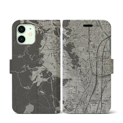 【向日（京都府）】地図柄iPhoneケース（手帳タイプ）モノトーン・iPhone 12 mini 用