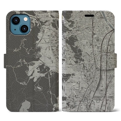 【向日（京都府）】地図柄iPhoneケース（手帳タイプ）モノトーン・iPhone 13 用
