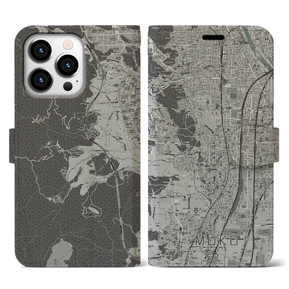 【向日（京都府）】地図柄iPhoneケース（手帳タイプ）モノトーン・iPhone 13 Pro 用