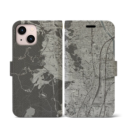 【向日（京都府）】地図柄iPhoneケース（手帳タイプ）モノトーン・iPhone 13 mini 用