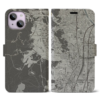 【向日（京都府）】地図柄iPhoneケース（手帳タイプ）モノトーン・iPhone 14 用