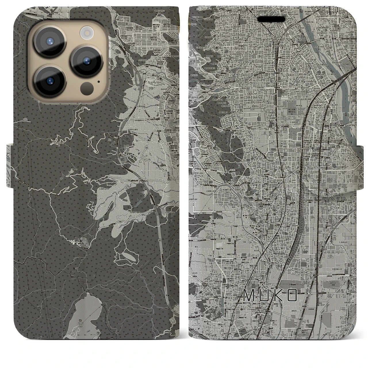 【向日】地図柄iPhoneケース（手帳両面タイプ・モノトーン）iPhone 14 Pro Max 用