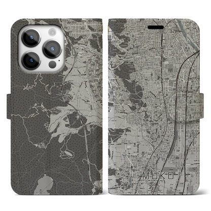 【向日（京都府）】地図柄iPhoneケース（手帳タイプ）モノトーン・iPhone 14 Pro 用