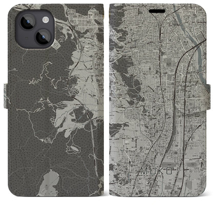 【向日（京都府）】地図柄iPhoneケース（手帳タイプ）モノトーン・iPhone 14 Plus 用