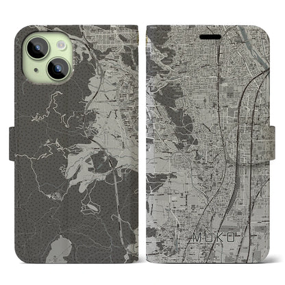 【向日（京都府）】地図柄iPhoneケース（手帳タイプ）モノトーン・iPhone 15 用