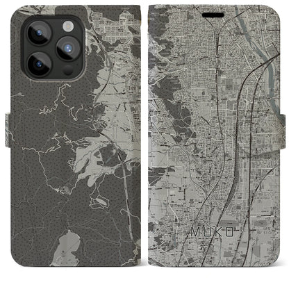 【向日（京都府）】地図柄iPhoneケース（手帳タイプ）モノトーン・iPhone 15 Pro Max 用