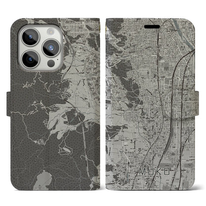 【向日（京都府）】地図柄iPhoneケース（手帳タイプ）モノトーン・iPhone 15 Pro 用