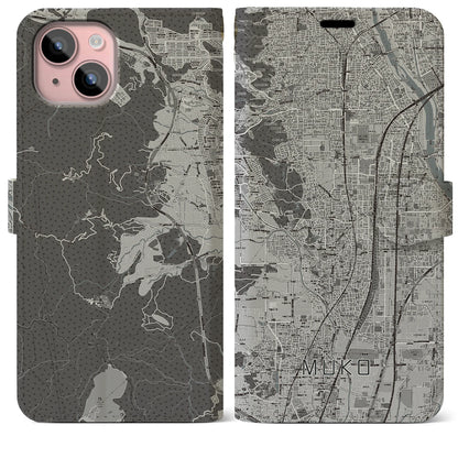 【向日（京都府）】地図柄iPhoneケース（手帳タイプ）モノトーン・iPhone 15 Plus 用