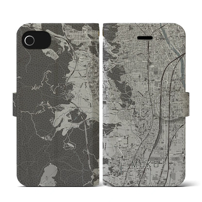 【向日（京都府）】地図柄iPhoneケース（手帳タイプ）モノトーン・iPhone SE（第3 / 第2世代） / 8 / 7 / 6s / 6 用